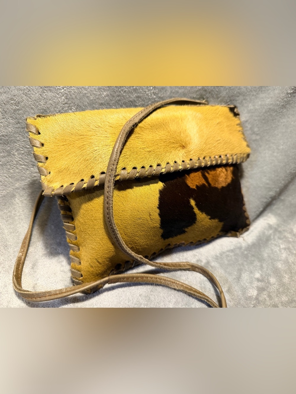 Handmade Genuine Hair On Cowhide Crossbody Bag w/ Whipstitch Trim - Picture 3 of 12